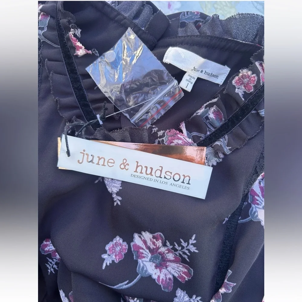 June & Hudson Black Maxi Dress Whimsigoth Boho Goth Floral Ruffles Lace Velvet - Picture 13 of 13